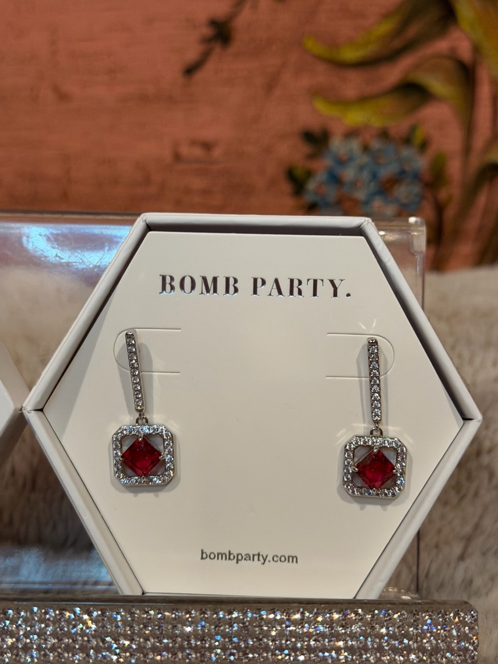 Bomb Party In the Spotlight Red Ruby Crystal Halo Drop Earrings